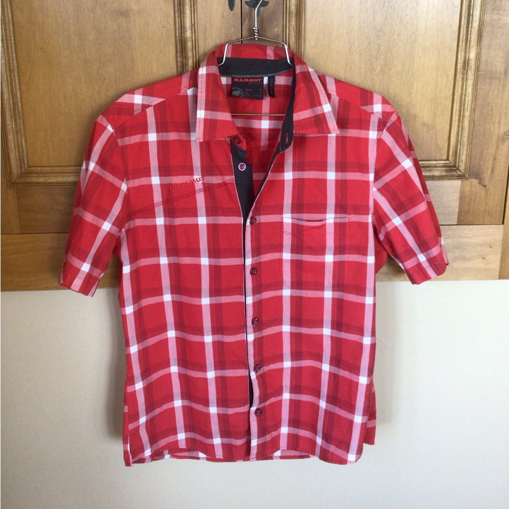 Mammut M red plaid button down outdoor shirt.